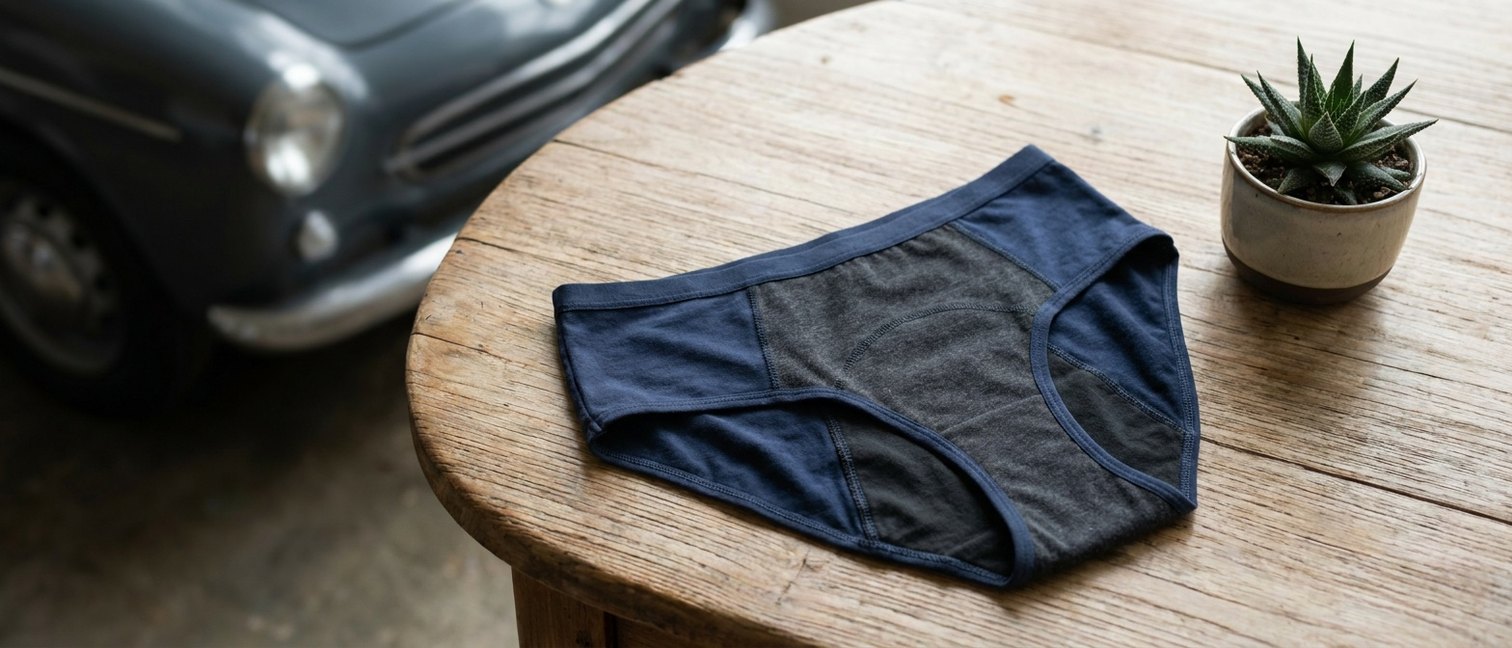 Culotte menstruelle pliée sur une table en bois avec une plante