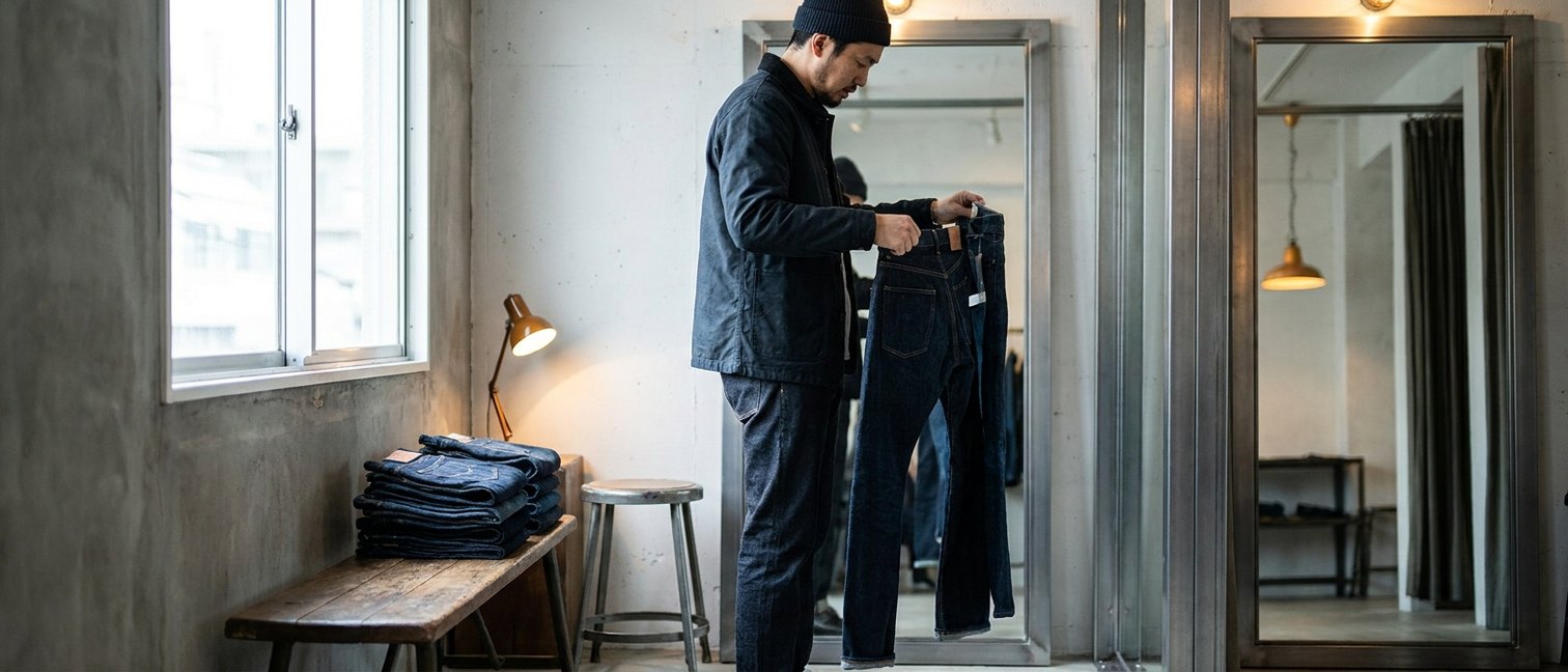 Un homme compare deux jeans devant un miroir en pied dans une cabine d'essayage lumineuse