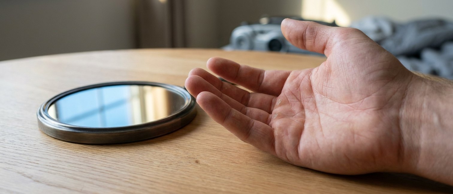 Main ouverte posée sur une table en bois avec un petit miroir à main