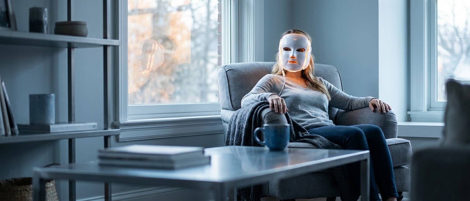 Femme portant un masque de luminothérapie LED à son domicile