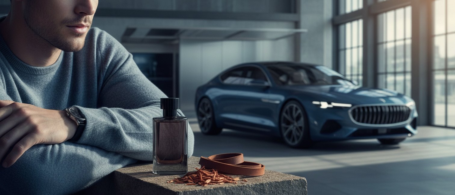 Flacon de parfum masculin sur un rebord de pierre avec du cèdre et du cuir