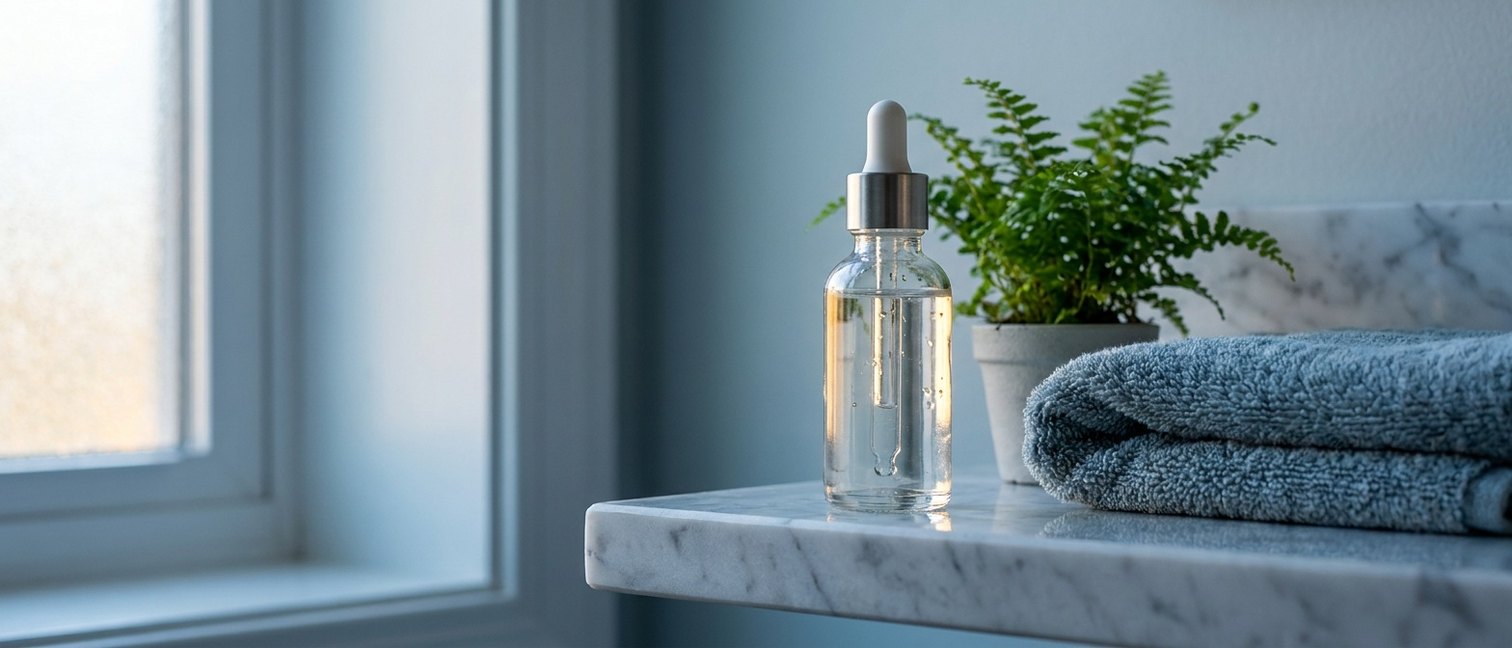Flacon de sérum au rétinol posé sur une étagère de salle de bain