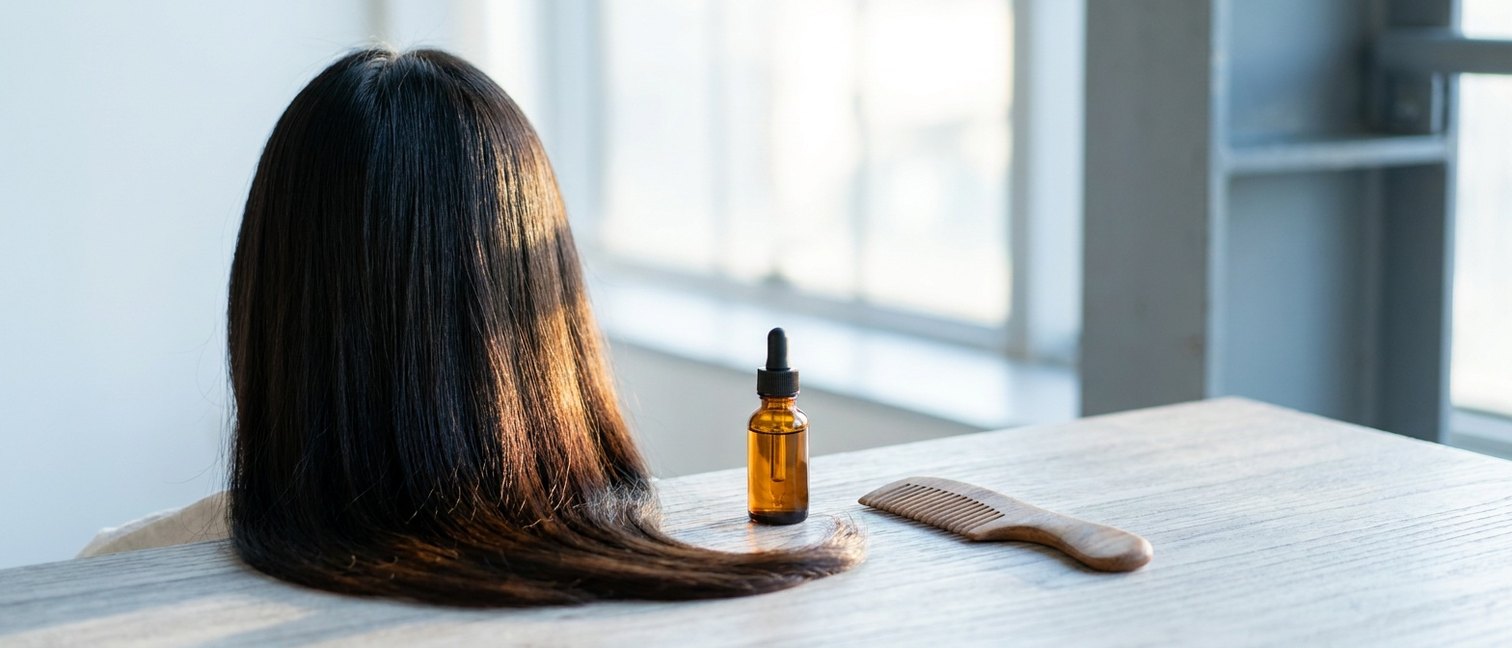Cheveux brillants et sérum capillaire posé sur une surface claire