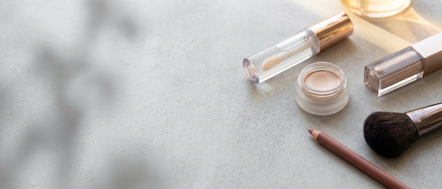 Produits de maquillage glossy disposés sur une surface claire : huile-jelly à lèvres, enlumineur crème et fard liquide